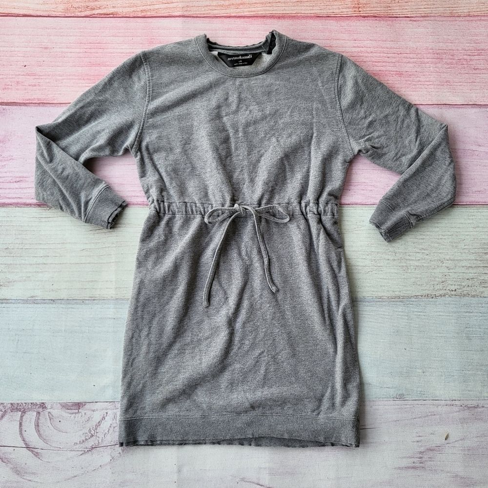 Norma Kamali Gray Long Sleeve Ribbed‎ Drawstring Waist Sweatshirt Dress Size S